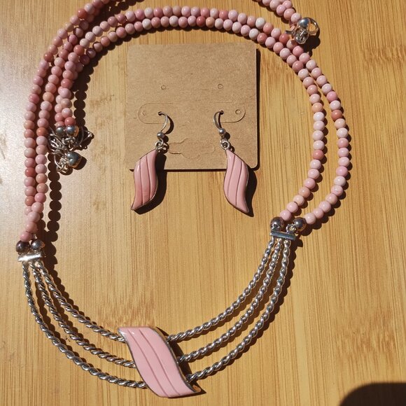 Jay King DTR mine finds carved Wave Pink Opal Necklace Earrings set 925 rare - Picture 6 of 11